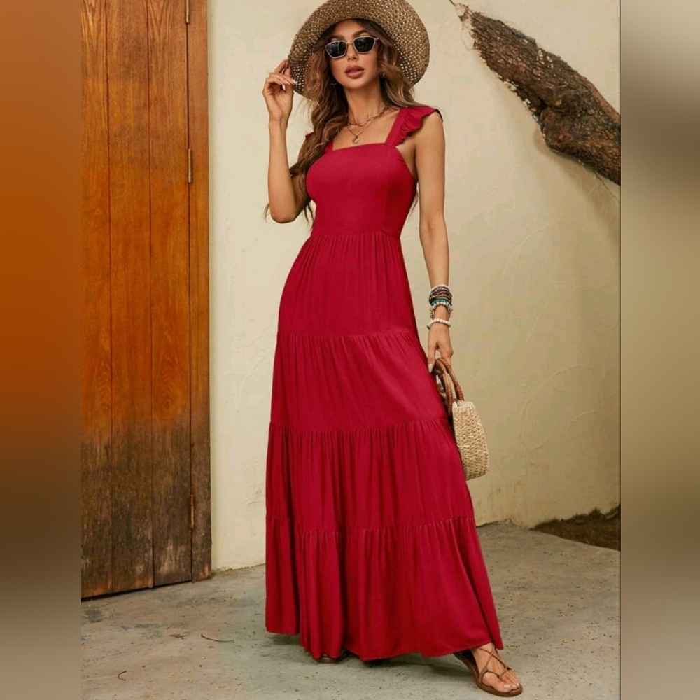 Solid Red Ruffle Hem Long Dress